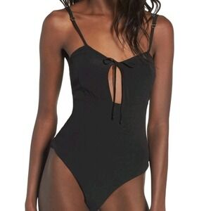 For Love & Lemons Black V Neck Keyhole Tie Front Bodysuit Thong Snap small new